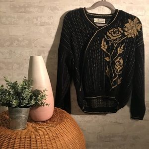{v i n t a g e} black and gold rose sweater